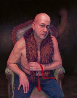 Aris Kalaizis, Janni mit Pelz und rotem Band, Öl auf Leinwand, 90 x 80 cm, 2023